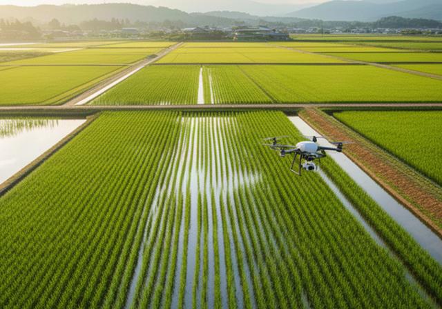 新潟県の広大な水田をドローンで空撮しAI解析する農業DXの様子